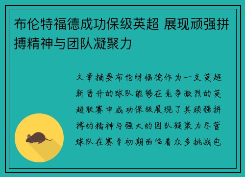 布伦特福德成功保级英超 展现顽强拼搏精神与团队凝聚力