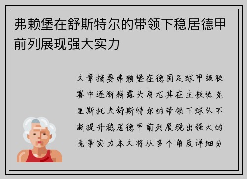 弗赖堡在舒斯特尔的带领下稳居德甲前列展现强大实力