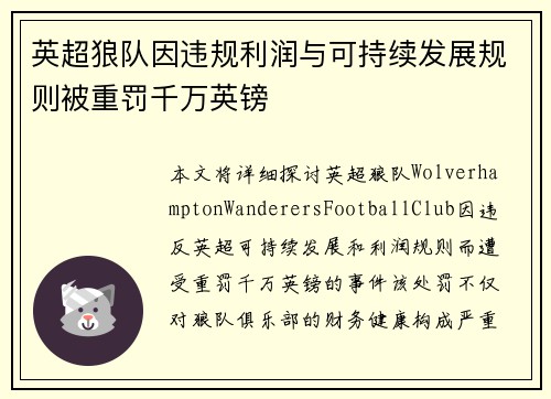 英超狼队因违规利润与可持续发展规则被重罚千万英镑