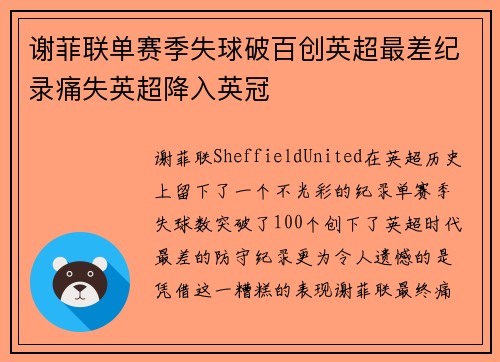 谢菲联单赛季失球破百创英超最差纪录痛失英超降入英冠